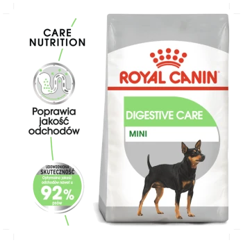 Torba karmy Royal Canin Digestive Care Mini z ilustracją czarno-podpalanej suczki, podkreślająca poprawę jakości stolca i 92% skuteczności.