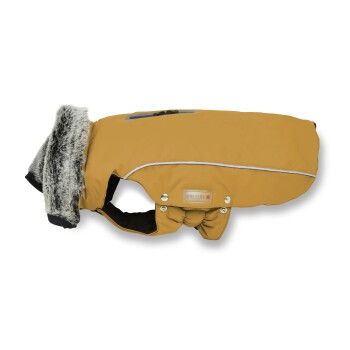 Oranger Hundewintermantel mit grauem Kunstpelzkragen, oberem Reißverschluss, reflektierendem Besatz und 'WOLTERS'-Etikett.