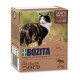 Katzenfutterverpackung mit einer dreifarbigen Katze auf einem grasigen Hintergrund, beschriftet mit "BOZITA" und "100% Tierprotein" sowie "Getreidefrei."