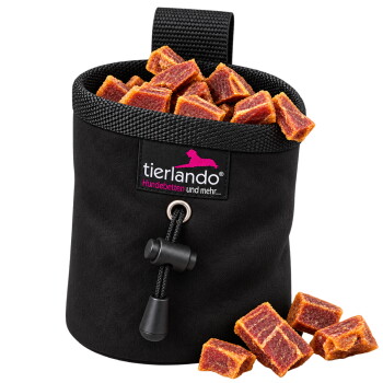 Schwarze Haustier-Zubehörtasche mit Kordelzug, mit dem tierlando-Logo und dem Text "Hundebetten und mehr..."