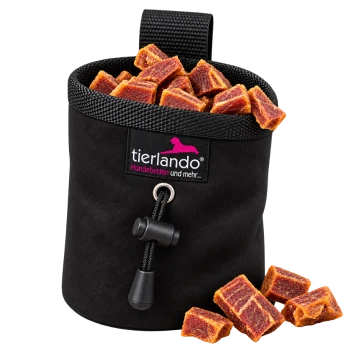 Schwarze Haustier-Zubehörtasche mit Kordelzug, mit dem tierlando-Logo und dem Text "Hundebetten und mehr..."