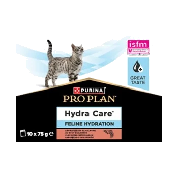 Emballage de nourriture pour chat Purina Pro Plan Hydra Care Feline Hydration avec un chat tacheté debout et des badges de qualité.