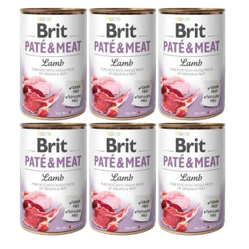 Sechs Dosen Brit Pâté & Meat für Haustiere, beschriftet mit "Lamm", mit Bildern von Fleisch und Organen, mit den Angaben "Getreidefrei" und "Soja- & GMO-frei".