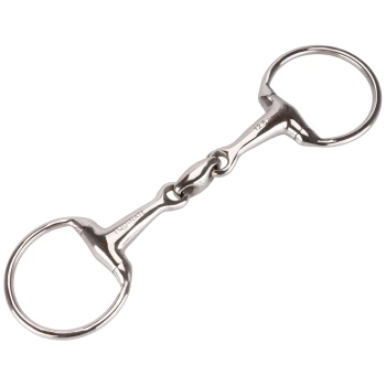 Ein glänzendes Edelstahl-Pferdegebiss mit zwei großen Ringen und einem gebogenen Mundstück, beschriftet mit "EQUITANT 12.5."