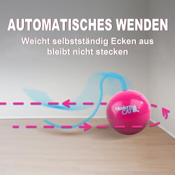Pinkes Modern CAT-Rollspielzeug mit blauem Schwanz in einem Raum; deutscher Text: AUTOMATISCHES WENDEN und ‚vermeidet Ecken, bleibt nicht stecken‘.