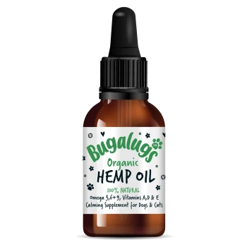 Braune Tropfflasche mit der Aufschrift „Bugalugs Organic Hemp Oil“, ein natürliches Beruhigungsmittel für Hunde und Katzen.