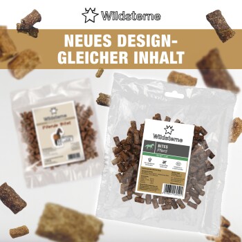 Klare Wildsterne-Tüte 'Bites Pferd' mit braunen mundgerechten Tierleckerlis, verstreute Stücke; Banner 'NEUES DESIGN- GLEICHER INHALT'.