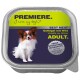Hondenvoeding verpakking met een Papillon hond die zijn lippen likt, gelabeld 'PREMIERE. Ik hou van mijn hond' met 'BEST MEAT Geflügel mit Wild ADULT.'