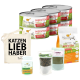 Dose Katzenfutter, beschriftet mit 'Ich liebe meine Katze' mit Insektenzutaten, einer Tragetasche mit 'KATZEN LIEB HABER' und verschiedenen Katzenleckereien und -ergänzungen.