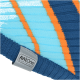 Nahaufnahme einer gestrickten Haustierdecke in Marine-, Hellblau- und Orangestreifen mit Etikett 'AniOne Wild variety'.