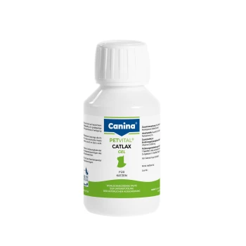Canina Petvital Catlax Gel‑Flasche für Katzen, weiß‑grünes Etikett mit Katzensilhouette und sichtbarem Text „Für Katzen“.