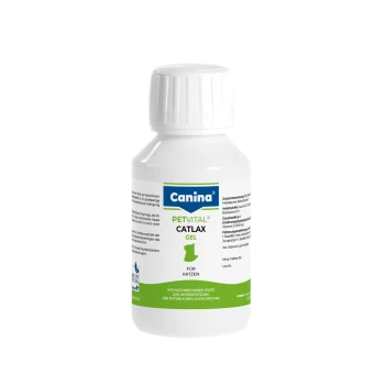 Canina Petvital Catlax Gel‑Flasche für Katzen, weiß‑grünes Etikett mit Katzensilhouette und sichtbarem Text „Für Katzen“.