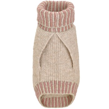 Beige gestrickter Hundepullover mit einem rosa und grünen gestreiften Kragen und Bündchen, der ein gemütliches Design und offene Seiten aufweist.