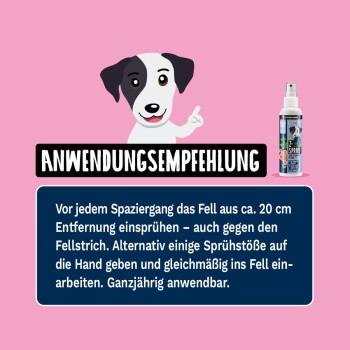 Gezeichneter Hund zeigt auf eine Haustiersprühflasche, mit deutscher Überschrift 'ANWENDUNGSEMPFEHLUNG' und Anwendungstext auf rosa Hintergrund.