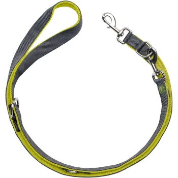 Verstellbare Führleine Maldon gelb 1,5 cm Eine graue und limonengrüne Hundeleine mit einem Metallclip, die einen gepolsterten Griff für Komfort bietet.