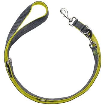 Eine graue und limonengrüne Hundeleine mit einem Metallclip, die einen gepolsterten Griff für Komfort bietet.