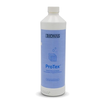 Flasche mit Thomas ProTex Reinigungs-Konzentrat für Sprühextraktion, 1000 ml, mit detaillierten Anwendungshinweisen und Sicherheitswarnungen auf dem Etikett.