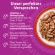 Schale mit Nassfutter; lila Etikett „Unser perfektes Versprechen“ — Vitamine, 90 % tierisches Protein, keine künstlichen Zusatzstoffe