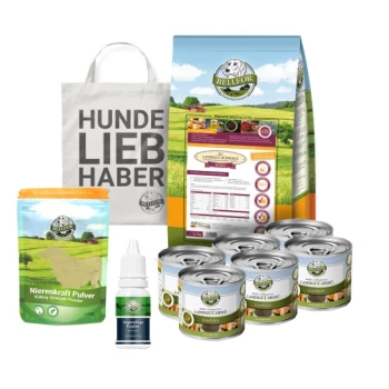 Haustierprodukte: "HUNDE LIEBHABER" Tasche, Trockenfutterbox für Hunde, grünes Pulver, Tropfflasche und sechs Bellfor Hundefutterdosen.