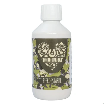 Weiße Flasche mit einem grünen Etikett, das den Text "Tierliebhaber" und "Pferdestärke" zeigt, dekoriert mit Tierikonen.