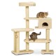 Ein beiger Katzenbaum mit mehreren Ebenen, mit zwei Katzen: eine sitzt auf der oberen Plattform und eine andere spielt auf einer unteren Ebene.