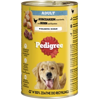 Dosenfutter für Hunde mit der Aufschrift "Pedigree Adult", das Huhn und Karotten enthält, mit einem lächelnden Golden Retriever auf der Vorderseite.