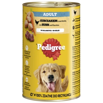 Dosenfutter für Hunde mit der Aufschrift "Pedigree Adult", das Huhn und Karotten enthält, mit einem lächelnden Golden Retriever auf der Vorderseite.
