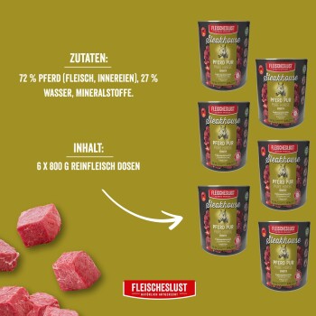Sechs Fleischeslust 'Steakhouse' Pferd Pur Dosen mit rohen Fleischwürfeln; sichtbarer Text 'ZUTATEN: 72% PFERD (FLEISCH, INNEREIEN), 27% WASSER' und 'INHALT: 6 x 800 g'.
