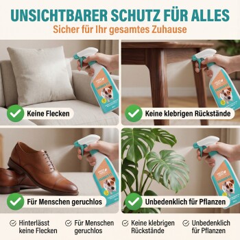 Ein brauner Hund sitzt neben einer Sprühflasche mit der Aufschrift "GREEN HERO" auf einem türkisfarbenen Hintergrund, die eine haustierfreundliche Trainingslösung bewirbt.