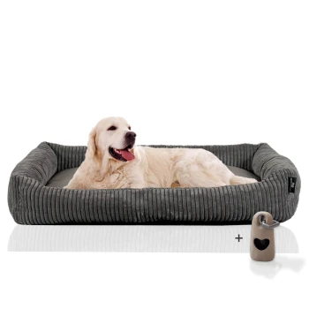 Hundesofa XXL mit Gratis-Beigabe, weicher Cord Ein Golden Retriever liegt bequem auf einem plüschigen, grauen Hundebett mit einem gerippten Design, begleitet von einem kleinen herzförmigen Schloss.