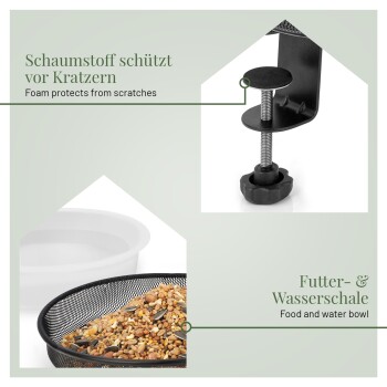 Bild von drei Arten von Haustierfutter: Mehlwürmer mit der Aufschrift 'Mehlwürmer', Saatfutter mit der Aufschrift 'Körnerfutter' und Nussfutter mit der Aufschrift 'Nussfutter.'