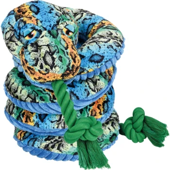 Buntes Plüschschlangenspielzeug für Hunde mit einem grünen Seilschwanz, das ein lebhaftes blaues, grünes und oranges Muster zeigt.