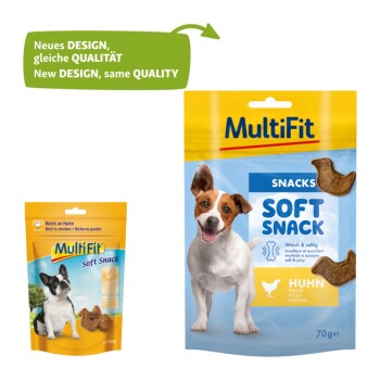 MultiFit dog snacks packaging features a brown and white dog with text: "Soft Snack, Rich in chicken" and "New DESIGN, same QUALITY."