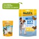 MultiFit dog snacks packaging features a brown and white dog with text: "Soft Snack, Rich in chicken" and "New DESIGN, same QUALITY."
