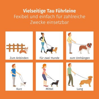 Vielseitige Seil-Leine mit Illustrationen, die verschiedene Verwendungen zeigen: Festbinden, zwei Hunde spazieren führen und unterschiedliche Längen (kurz, mittel, lang).