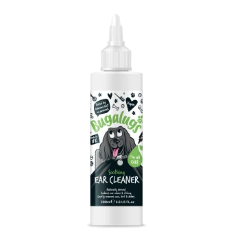Flasche Bugalugs Beruhigender Ohrreiniger für Haustiere, 200 ml, mit Hundeillustration und Text „Von Menschen getestet, nicht an Tieren“, „Vegan“ und „Hergestellt in Großbritannien“.