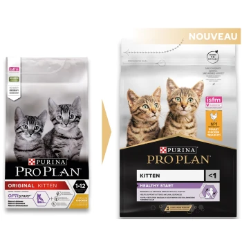 Kitten 400 g Bild von zwei Tüten Purina Pro Plan Kittenfutter, eine mit 'Original' und die andere mit 'Healthy Start' beschriftet, mit zwei Kätzchen auf jeder Tüte.