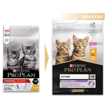 Bild von zwei Tüten Purina Pro Plan Kittenfutter, eine mit 'Original' und die andere mit 'Healthy Start' beschriftet, mit zwei Kätzchen auf jeder Tüte.
