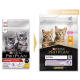 Image de deux sacs de nourriture pour chatons Purina Pro Plan, l'un étiqueté "Original" et l'autre "Healthy Start", avec deux chatons sur chaque sac.