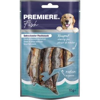 Getrockneter Fischsnack für Hunde in einer 70g-Packung, mit einem Hund auf der Vorderseite und Text in mehreren Sprachen über das Produkt.