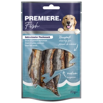 Getrockneter Fischsnack für Hunde in einer 70g-Packung, mit einem Hund auf der Vorderseite und Text in mehreren Sprachen über das Produkt.