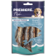 Snack de poisson séché pour chiens dans un emballage de 70g, présentant un chien sur le devant et du texte en plusieurs langues sur le produit.