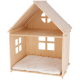 Holz-Haustierhaus mit Satteldach, ausgeschnittenen Fenstern und einem weichen weißen Kissen im Inneren.