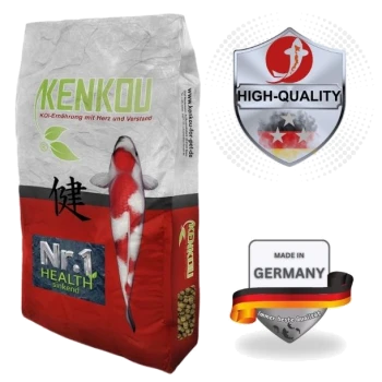 Kenkou Koi-Futterbeutel mit einem roten und weißen Koi-Fischdesign, beschriftet mit "Nr.1 HEALTH sinkend," mit "HOCHWERTIG" und "HERGESTELLT IN DEUTSCHLAND" Abzeichen.