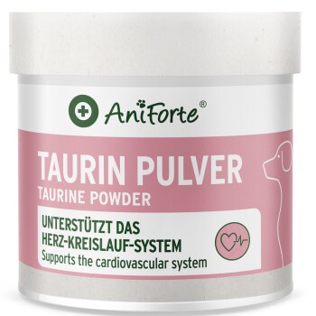 AniForte pink-weißes Taurinpulverglas: TAURIN PULVER / TAURINE POWDER — Unterstützt das Herz-Kreislauf-System, Hundesymbol.