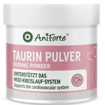 AniForte pink-weißes Taurinpulverglas: TAURIN PULVER / TAURINE POWDER — Unterstützt das Herz-Kreislauf-System, Hundesymbol.