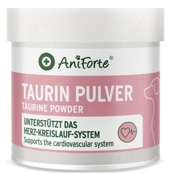 AniForte pink-weißes Taurinpulverglas: TAURIN PULVER / TAURINE POWDER — Unterstützt das Herz-Kreislauf-System, Hundesymbol.