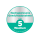 Rundes türkis-silbernes Abzeichen mit der Aufschrift "Nachgewiesene Gewichtsabnahme in nur 5 Wochen", basierend auf Daten von Hill's Pet Nutrition.