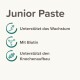 Pâte junior, soutient la croissance, contient de la biotine et aide au développement osseux, avec des icônes accompagnant chaque avantage.