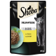 Pochette de nourriture pour chats Sheba Delikatesse avec un chat gris, contenant un bol de poulet en gelée et le texte "mit Huhn au poulet" et "85g".